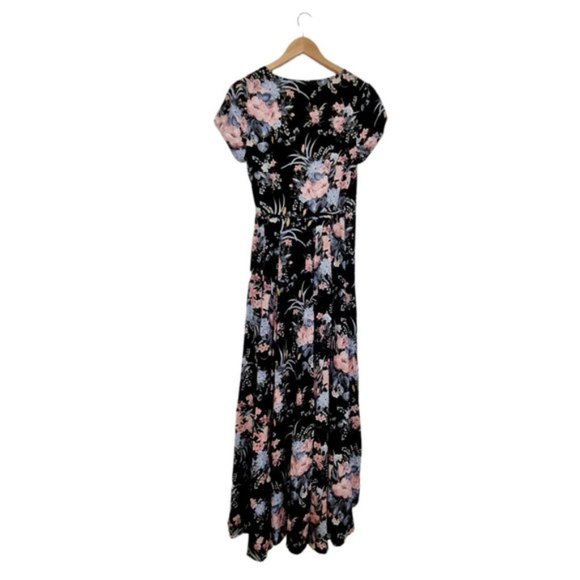 AUGUSTE Black Floral Wrap Around Maxi Short Sleeve Dress Front Tie Size AU 6 - Picture 4 of 9